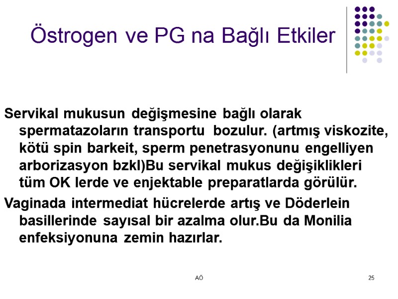 AÖ 25  Östrogen ve PG na Bağlı Etkiler Servikal mukusun değişmesine bağlı olarak